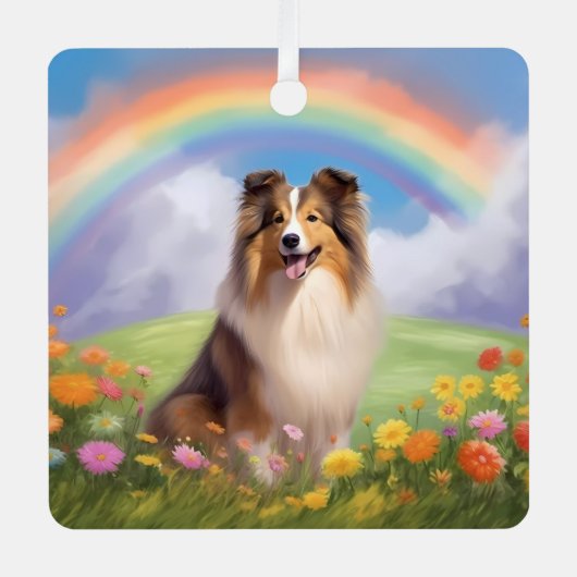 Ornement En Métal Sheltie Shetland Sheepdog Custom Chien Nom Rainbow (Recto)