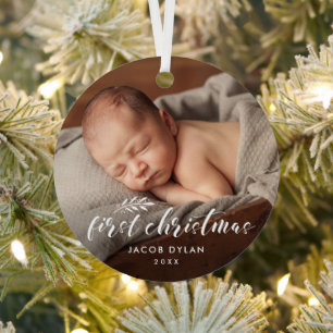 Ornement En Métal Simple Script Baby's First Christmas Photo Holiday