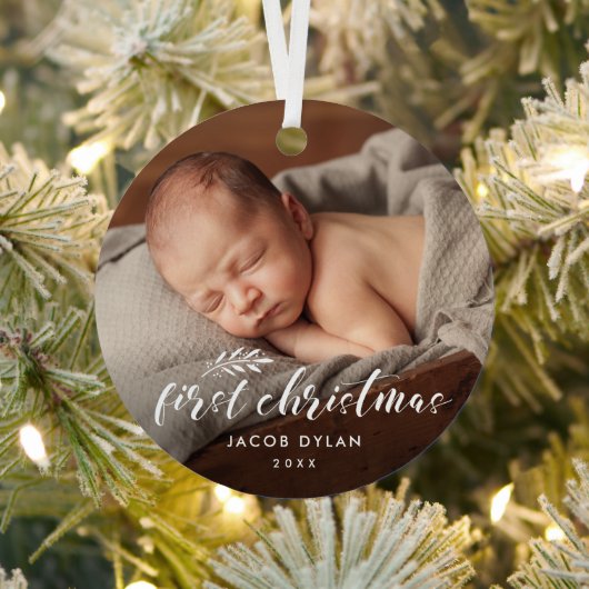Ornement En Métal Simple Script Baby's First Christmas Photo Holiday (Insitu)