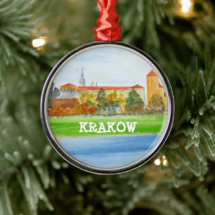 Ornement En Métal Ski Cracovie en aquarelle Pologne Polska