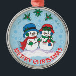 Ornement En Métal Snowman<br><div class="desc">Personnalisez cet unique ornement de Noël "One Of A Kind" ! Il Comprend M. & Mme Frosty Le Snowman se promène dans un "pays des merveilles hivernales enneigé" ! Peinture d'art original par l'artiste Kerry Miller.</div>