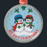 Ornement en métal Snowman<br><div class="desc">Personnalisez cet unique ornement de Noël Snowman "One Of A Kind" ! Il Comprend M. & Mme Frosty Le Snowman se promène dans un "pays des merveilles hivernales enneigé" ! Peinture d'art original par l'artiste Kerry Miller.</div>