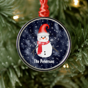 Ornement En Métal Snowman de Noël sur Dark Blue Snowy Arrière - pl