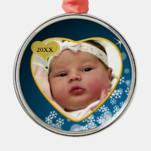 Ornement En Métal Snowy Dark Blue Baby's Birth Year Photo Noël