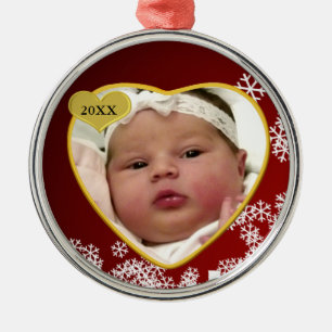 Ornement En Métal Snowy Dark Red New Baby Photo Date de naissance No