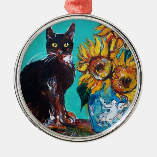 ORNEMENT EN MÉTAL SOUCHES AVEC CHAT NOIR EN TURQUOISE BLEUE (Devant)