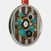 Ornement En Métal Steampunk Clock and Turquoise Roses on Striped (Droite)