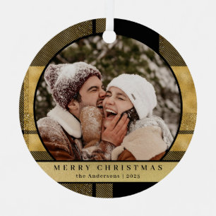Ornement En Métal Style moderne Gold Plaid Christmas Couple Photo