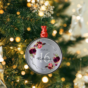 Ornement En Métal Sweet 16 argent floral géométrique bordeaux nom