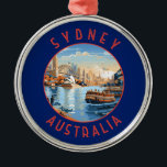 Ornement En Métal Sydney Australia Retro Cercle en détresse<br><div class="desc">Conception de déplacement vectoriel rétro de Sydney. Sydney,  capitale de la Nouvelle-Galles du Sud et l'une des plus grandes villes d'Australie,  est surtout connue pour son opéra de Sydney,  au bord du port,  au design distinctif ressemblant à une voile.</div>