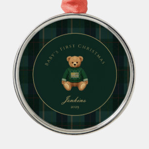 Ornement En Métal Tartan à carreaux vert foncé Bébé premier Noël