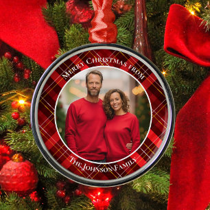 Ornement En Métal Tartan traditionnel rouge Plaid Photo Noël