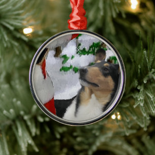 Ornement En Métal Tri Couleur lisse Collie Avec Père Noël Christmas