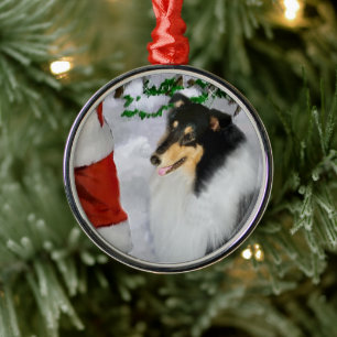 Ornement En Métal Tri Couleur Rosée Collie Avec Noël Père Noël