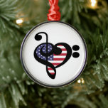 Ornement En Métal USA Flag Music Heart - American Pride Musician<br><div class="desc">Rouge, blanc, bleu États-Unis stars-n-stripes Musique Coeur de Clé pour express votre American Pride, Juillet 4 Indépendance, Memorial Day, ou musicien patriotique militaire vétéran. > USA, drapeau américain est inséré à l'intérieur d'un Treble combiné et Bass Clef pour faire un coeur. > Personnalisez-le ! Ajoutez un nom, une photo ou...</div>