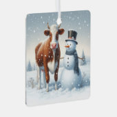 Ornement En Métal Vache mignonne et bonhomme de neige dans le champ (Avant droite)