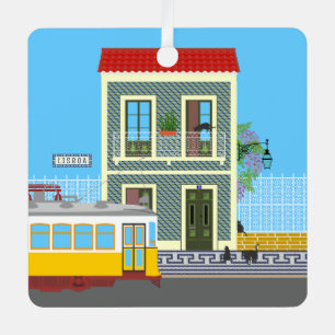 Ornement En Métal Vieille maison de Lisbonne avec chats et tramway j
