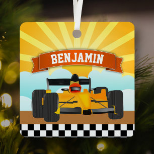 Ornement En Métal Voiture de course orange jaune personnalisée au no