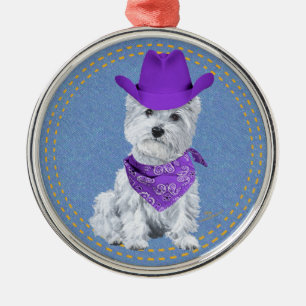 Ornement En Métal Westie Cowboy sur Denim