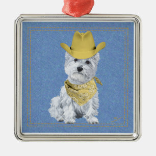 Ornement En Métal Westie Cowboy sur Denim