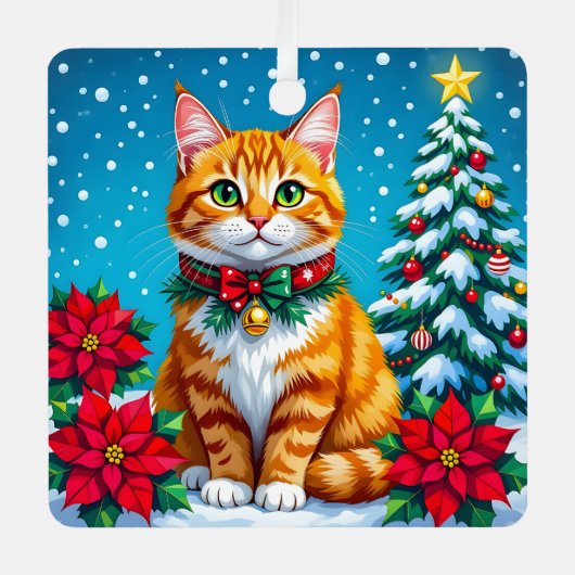 Ornement En Métal Whimsical Orange Cat and Custom Message Christmas (Recto)