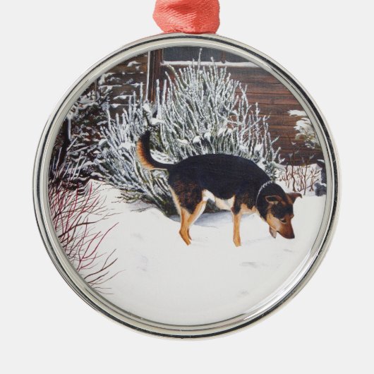 Ornement En Métal Winter snow scene with cute black and tan dog (Devant)