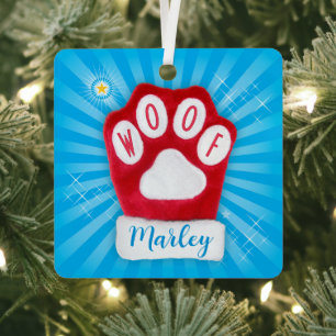 Ornement En Métal WOOF Noël Santa Chien Rouge Mitten Étoiles Ajouter