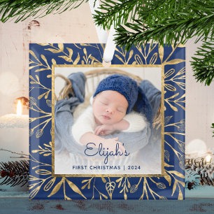 Ornement En Verre 1er Noël de bébé Photo Bleu Nuit Feuillage Doré