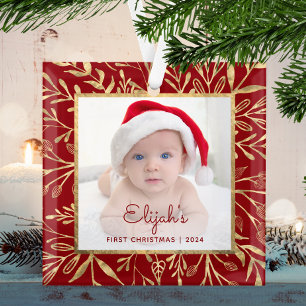 Ornement En Verre 1er Noël de bébé Photo Feuillage Bourgogne Or