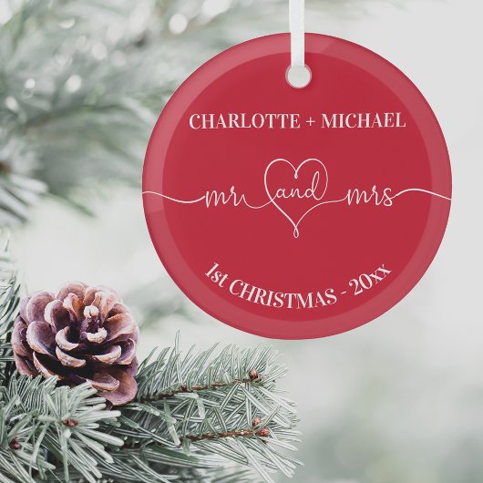 Ornement En Verre 1er Noël nouveaux mariés noms coeur rouge blanc
