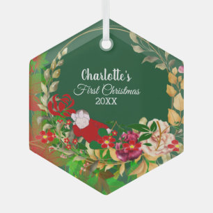 Ornement En Verre 1ère couronne de fleurs vertes de Noël du bébé dor