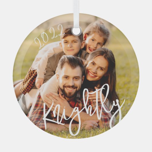 Ornement En Verre 2022 Custom Modern Script Nom photo de famille (Recto)