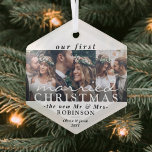 Ornement En Verre 3 Photo Notre Premier Marié Noël Hexagon Moderne<br><div class="desc">Célébrez un 1er jour férié joyeux comme de jeunes mariés avec un collage photo personnalisé 3 "Notre premier Noël marié" ornement en forme d'hexagone. Toutes les formulations et les images de ce modèle sont simples à personnaliser. (CONSEIL EN MATIÈRE DE PLACEMENT D'IMAGE : Une façon simple de centrer une photo...</div>