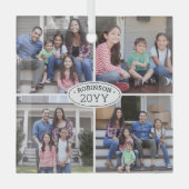 Ornement En Verre 4 Photo Collage Nom de famille et année Blanc simp (Recto)