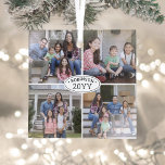Ornement En Verre 4 Photo Collage Nom de famille et année Blanc simp<br><div class="desc">Célébrez les joies simples des vacances avec un collage photo personnalisé 4 ornement en verre carré noir et blanc. Tous les textes et les images de ce modèle sont simples à personnaliser. (CONSEIL EN MATIÈRE DE PLACEMENT D'IMAGE : Une façon simple de centrer une photo exactement comment vous voulez est...</div>