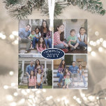 Ornement En Verre 4 Photo Collage Nom de famille et année Marine Ble<br><div class="desc">Célébrez les joies simples des vacances avec un collage photo personnalisé 4 ornement bleu marine et blanc carré en verre. Tous les textes et les images de ce modèle sont simples à personnaliser. (CONSEIL EN MATIÈRE DE PLACEMENT D'IMAGE : Une façon simple de centrer une photo exactement comment vous voulez...</div>