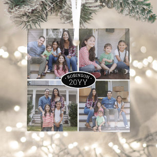 Ornement En Verre 4 Photo Collage Nom de famille et année Noir et bl