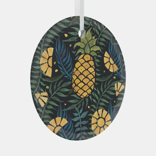 Ornement En Verre Ananas, palmiers feuilles : motif tropical. (Avant droite)
