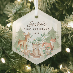Ornement En Verre Animaux de la Forêt Premier Noël de Bébé