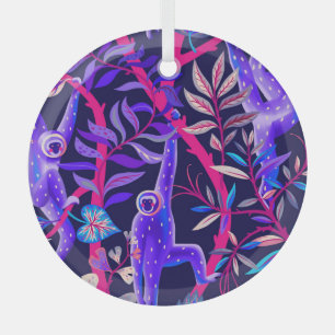 Ornement En Verre Animaux tropicaux : motif de singes bleus.