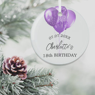 Ornement En Verre Anniversaire blanc violet nom ballons
