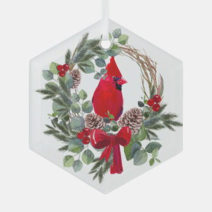 Ornement En Verre Aquarelle Cardinal Red Bird Wreath