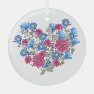 Ornement En Verre Aquarelle coeur fleuri, arang fleur sauvage lumine