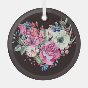 Ornement En Verre Aquarelle coeur floral : roses vintages.