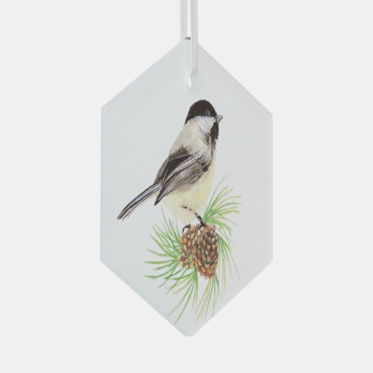Ornement En Verre Aquarelle Pickadee Oiseau Pine Cône Nature (Avant droite)
