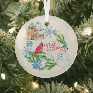 Ornement En Verre Aquarelle Snowman Snowflakes Joyeux Noël