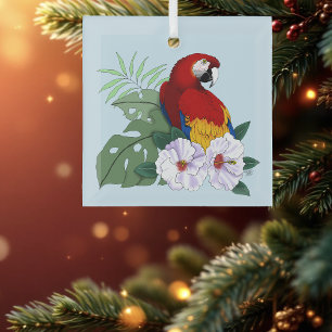 Ornement En Verre Ara Macao Rouge Perroquet Tropical Hibiscus Floral