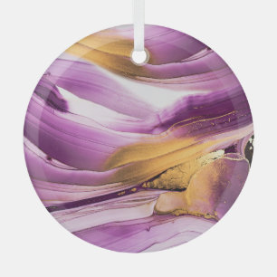 Ornement En Verre Art fluide, texture dorée lilas marbrée.