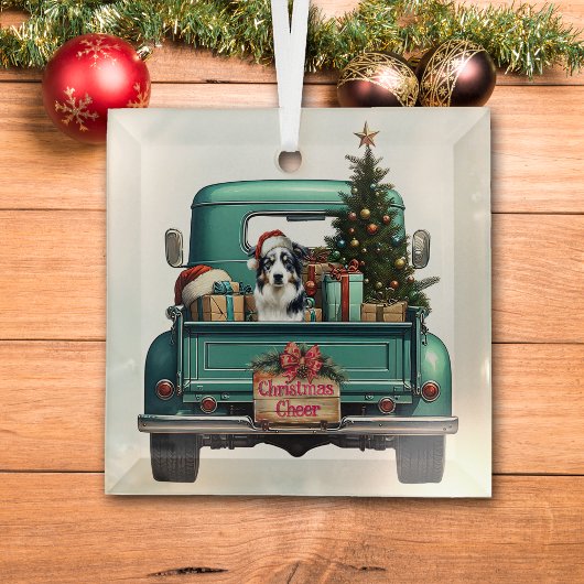Ornement En Verre Australian Shepherd Chien Farm Truck Noël
