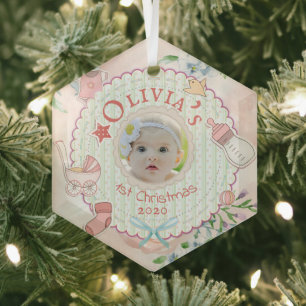 Ornement En Verre Baby Girl First Christmas Photo
